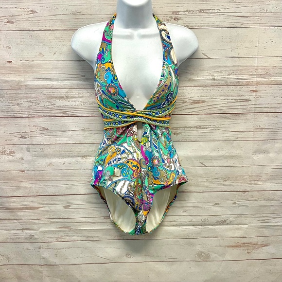Trina Turk Paisley deep plunge cross back one piece swimsuit - Picture 1 of 10